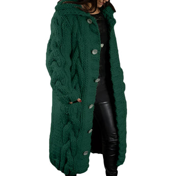 Stylish women's green chunky knit cardigan with long sleeves, featuring a cozy winter design in a 5XL size.