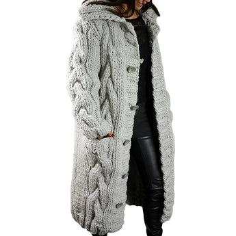 Light gray chunky knit cardigan for women in 5XL size, featuring long sleeves and a cozy collar, made from natural materials with a stylish fashion design.