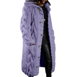 Women's purple chunky knit cardigan with long sleeves and an open front, designed for cozy winter fashion in a 5XL size.