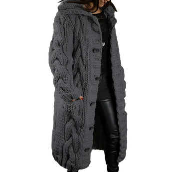 Stylish women's chunky knit cardigan in dark gray, featuring a cozy and oversized design perfect for winter fashion, highlighting details like long sleeves and a comfortable fit ideal for cold weather.