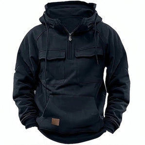Black tactical hoodie featuring a full-zip design in a 3XL size. The hoodie has secure pockets and is made for durable wear, with a focus on functionality and style.