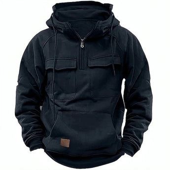 Black tactical hoodie featuring a full-zip design in a 3XL size. The hoodie has secure pockets and is made for durable wear, with a focus on functionality and style.