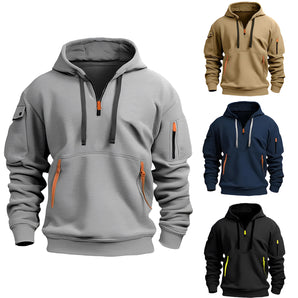 Durable and breathable tactical men's hoodie in a grey color with multiple pockets and a zippered front, featuring a comfortable neck and sleeve design.