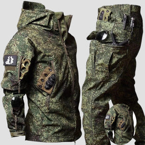 Tactical military camo jacket in green with a hood, designed for outdoor survival, featuring multiple pockets and long sleeves, available in size 4XL.