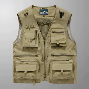 Tactical multi-pocket vest in cachi color, featuring breathable mesh fabric and several zippered compartments, designed for functionality and style in size 3XL.