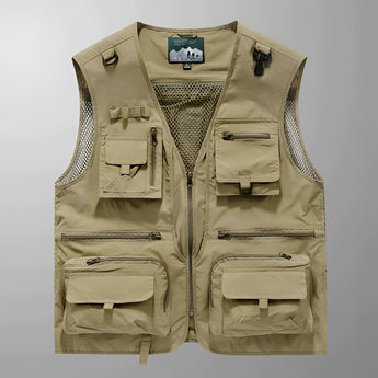 Tactical multi-pocket vest in cachi color, featuring breathable mesh fabric and several zippered compartments, designed for functionality and style in size 3XL.
