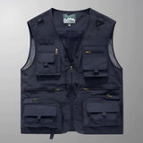 Marine blue tactical multi-pocket vest in size 3XL, featuring a breathable mesh design with zippered compartments, showcasing a fashionable and symmetrical pattern.