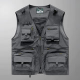 Gray tactical multi-pocket vest in size 3XL featuring breathable mesh fabric and zippered compartments, designed for outdoor use and styled with fashion design elements.