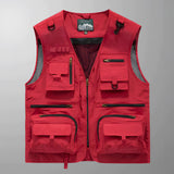 Red 3XL tactical multi-pocket vest featuring breathable mesh fabric and zippered compartments, with a sleeveless design and multiple pockets visible.