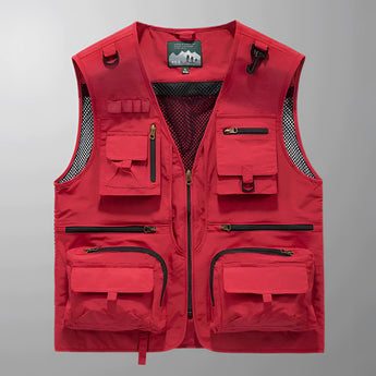 Red 3XL tactical multi-pocket vest featuring breathable mesh fabric and zippered compartments, with a sleeveless design and multiple pockets visible.