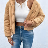 Tan corduroy bomber jacket for women featuring a trendy design perfect for fall, with long sleeves, a collar, and a waist-length fit, shown in a beige color.