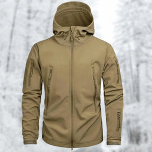 Tan tactical hoodie in camel color, size 2XL, featuring a soft-shell, insulated, water-resistant design with military-grade quality. The jacket has long sleeves, a high collar, and is suitable for outdoor wear, resembling a combination of parka and overcoat.