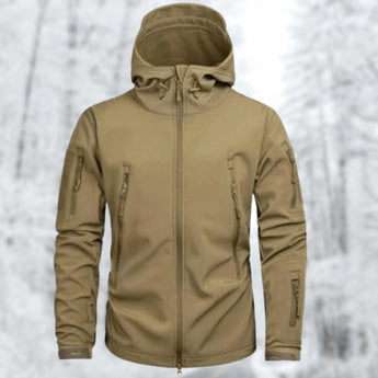 Tan tactical hoodie in camel color, size 2XL, featuring a soft-shell, insulated, water-resistant design with military-grade quality. The jacket has long sleeves, a high collar, and is suitable for outdoor wear, resembling a combination of parka and overcoat.