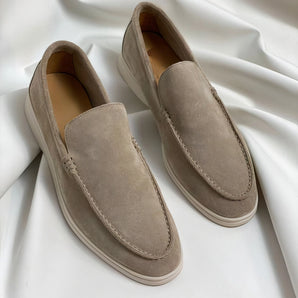 Taupe suede men's slip-on loafers in beige, size 47, made of natural leather material.