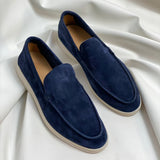 Taupe suede men's slip-on loafers, luxury and comfortable, displayed in marine color with size 47.