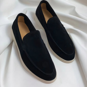 Taupe suede men's slip-on loafers, luxury and comfortable, shown in black, size 47, versatile for various occasions.