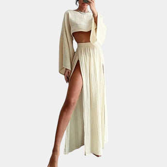 Teal Bohemian beachwear set in apricot, featuring a crop top with shoulder-baring design and a high slit maxi skirt, available in size 3XL.