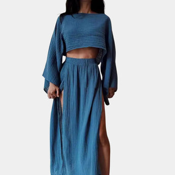 Teal Bohemian beachwear set featuring a crop top and high slit maxi skirt in electric blue, showcased in size 3XL. The ensemble highlights a stylish neckline, waist design, and sleeve detail, perfect for a day dress or casual beachwear.