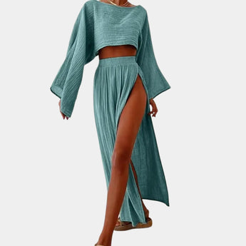 Light green bohemian beachwear set featuring a crop top with sleeves and a high slit maxi skirt, designed for a relaxed fit in size 3XL.
