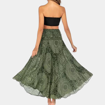 Teal Bohemian Floral Lace A-Line Skirt with intricate floral patterns, showcasing a flowy design ideal for summer festivals, styled on a mannequin highlighting the skirt's waistline and A-line silhouette.