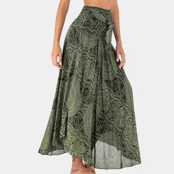 Teal Bohemian floral lace A-line skirt, styled for women's summer festival wear in green, size XL, featuring intricate lace detailing and a flowing silhouette.