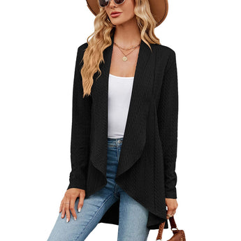 Teal long sleeve knit cardigan displayed on a mannequin with black and white elements, suitable for fall fashion layering.