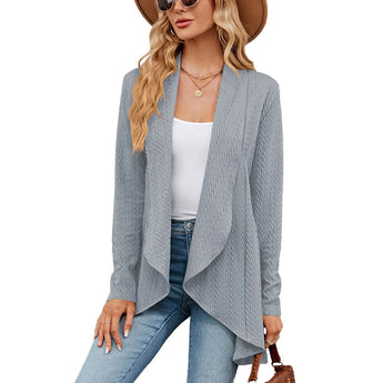 Gray long sleeve knit cardigan in size 2XL, featuring a cozy and stylish design perfect for fall fashion layering. The cardigan has a classic cut with a focus on the sleeves, waist, and neck area. It is shown against a neutral background.