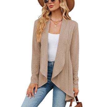 Teal long sleeve knit cardigan in a khaki color, suitable for fall fashion layering. The cardigan features a comfortable fit with a focus on style, perfect for pairing with other wardrobe pieces. Shown in size 2XL.