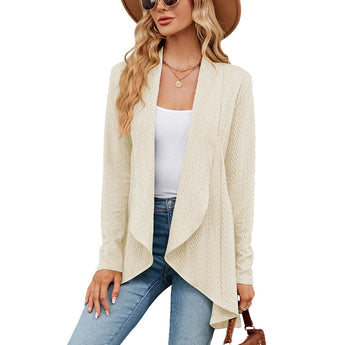 Teal long sleeve knit cardigan in apricot color, shown in size 2XL, featuring a classic collar and sleeve details, perfect for layering in fall fashion.