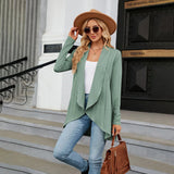 Teal long sleeve knit cardigan displayed on a mannequin, highlighting its texture and design, perfect for fall fashion layering.