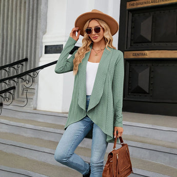 Teal long sleeve knit cardigan displayed on a mannequin, highlighting its texture and design, perfect for fall fashion layering.