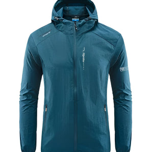 Men's waterproof hiking jacket in denim blue, featuring a hood, long sleeves, and a lightweight design.
