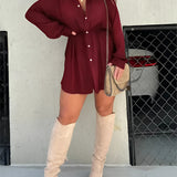 Teal oversized shirt dress paired with thigh-high suede boots in a casual chic style, featuring a model standing with a slight pose to showcase the boots, holding sunglasses, and wearing a red wine color option in size 5XL.