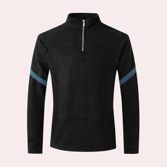 
A black XL fleece jacket with a soft texture, featuring a high neck collar and long sleeves, designed for outdoor wear in sustainable materials.