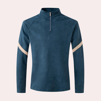 Teal fleece jacket with full sleeves and a high collar, featuring a sustainable design.