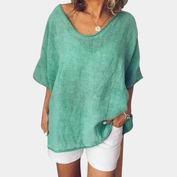 Teal V-neck oversized linen blouse featuring a casual summer tunic style, displayed in a green color in size 3XL, with short sleeves and a relaxed fit.