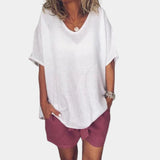 Teal V-neck oversized linen blouse in 3XL size, featuring a casual summer tunic style with short sleeves and a relaxed fit, perfect for warm weather.