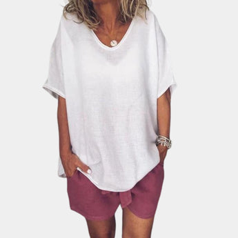 Teal V-neck oversized linen blouse in 3XL size, featuring a casual summer tunic style with short sleeves and a relaxed fit, perfect for warm weather.