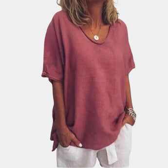 Teal V-neck oversized linen blouse with short sleeves, casual and lightweight, suitable for summer wear.