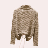 Black floral embossed high-collar women's top with long sleeves, featuring a textured design, shown in a khaki color and XL size.