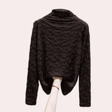 Textured black floral embossed high-collar women's top with long sleeves, shown in coffee color, size XL.