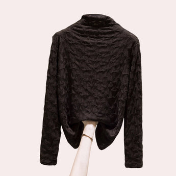 Textured black floral embossed high-collar women's top with long sleeves, shown in coffee color, size XL.