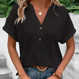 Black short sleeve V-neck blouse paired with blue jeans, casual chic summer top in 3XL.