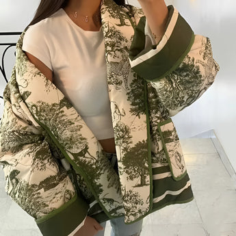 Textured bomber jacket in a stylish monochrome design, featuring a green color in size large. The jacket showcases a fashionable and modern winter street style with attention to details such as the structured collar, full-length sleeves, and a comfortable fit around the shoulders, waist, and thighs.