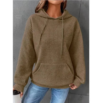 Textured pink waffle knit hoodie with a cozy design for women, featuring long sleeves and a slight V-neck collar, displayed in a khaki color for size 3XL.