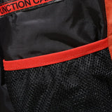 Black and red thermal down jacket featuring a high collar and long sleeves, designed for insulation and warmth during winter activities.