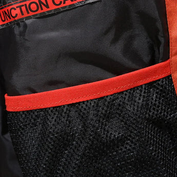 Black and red thermal down jacket featuring a high collar and long sleeves, designed for insulation and warmth during winter activities.