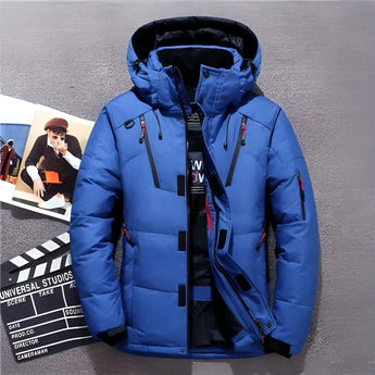 Blue thermal down jacket in 5XL size featuring a classic collar and full-length sleeves, designed for insulation and warmth during winter.