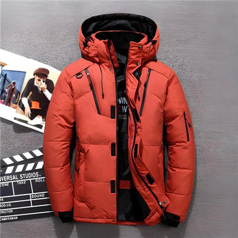 Orange insulated thermal down jacket in size 5XL, featuring long sleeves, a collar, and designed for high visibility, suitable for winter wear.