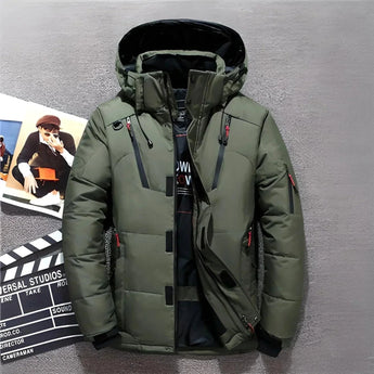 A green thermal down jacket in size 5XL, featuring a camouflage pattern, full sleeves, a collar, and an insulated design suitable for winter wear.
